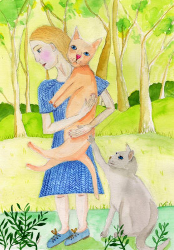 Lady with the orange and grey cat.