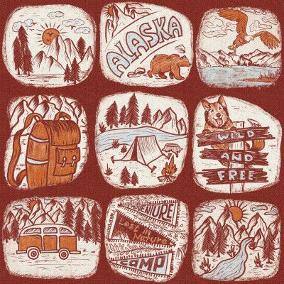 Travel to Alaska - Vintage Travel Stories - Burnt Red BG - Pattern