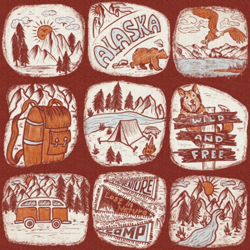 Travel to Alaska - Vintage Travel Stories - Burnt Red BG - Pattern