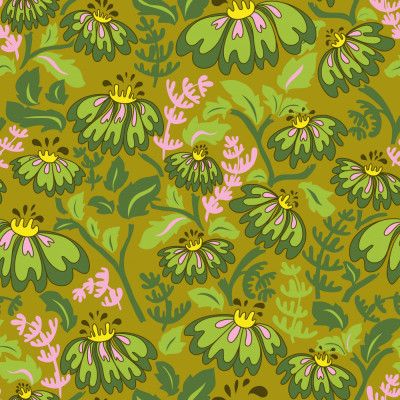 Maximalism 70s Retro Flowers Meadowland Green pattern