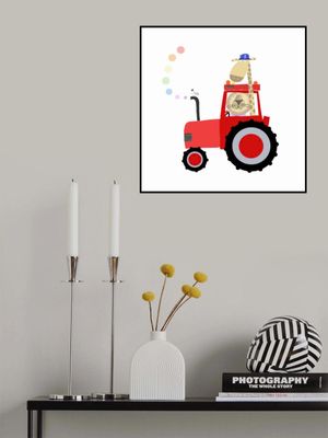 Giraffe and Lion in Red Tractor with Rainbow Spots by Carla Daly