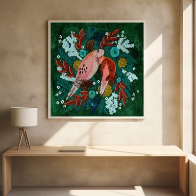 Winter birds turtle dove in green Christmas