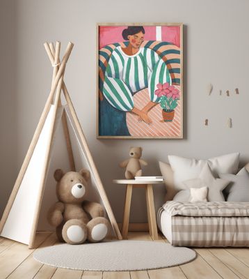 Woman in stripes in thought