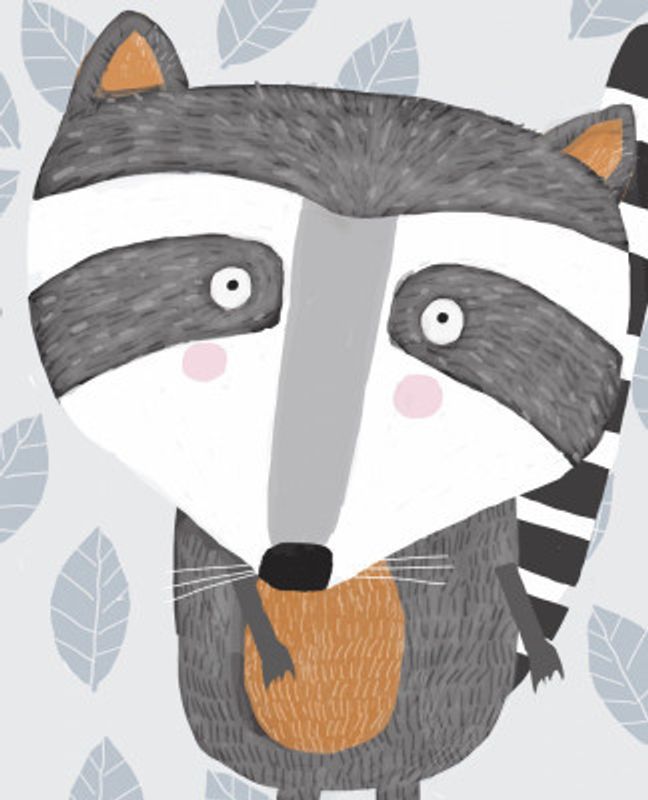Cute Raccoon with Grey Leaf Pattern by Artist Carla Daly
