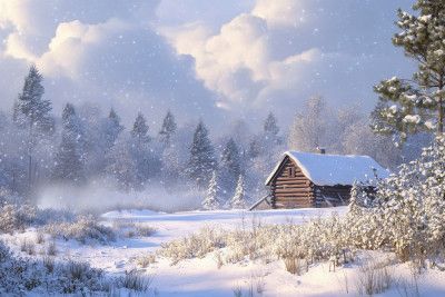 Cabin In Snowy Winter Landscape