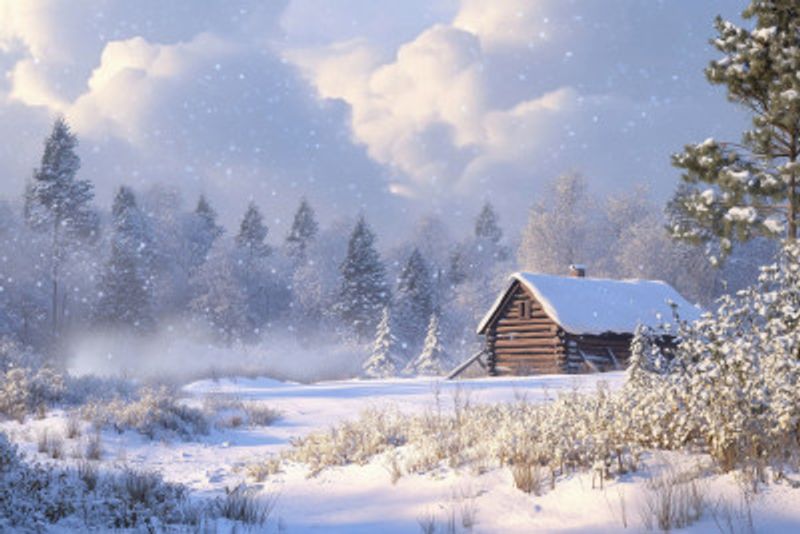 Cabin In Snowy Winter Landscape