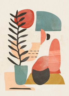 Geometric Shapes And A Stylized Plant,