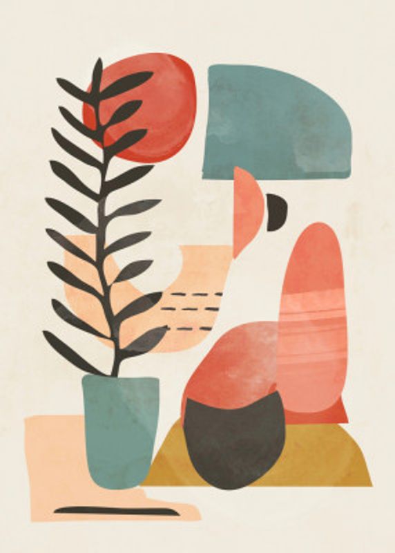 Geometric Shapes And A Stylized Plant,