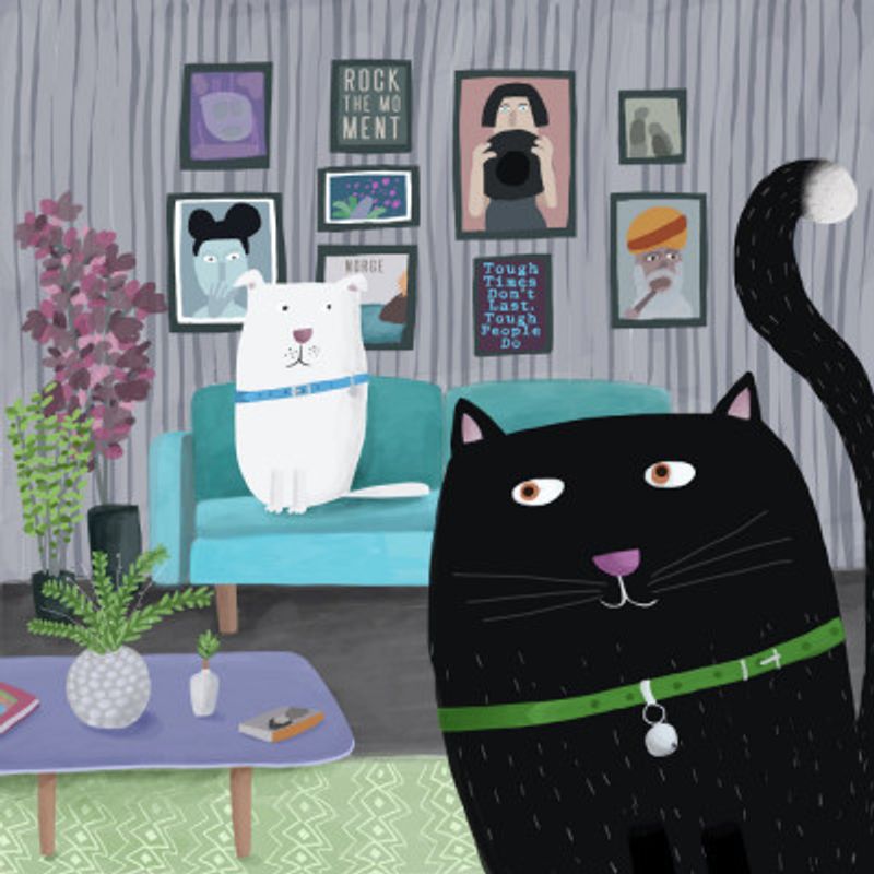 Black Cat and White Dog in Trendy Interior by Carla Daly
