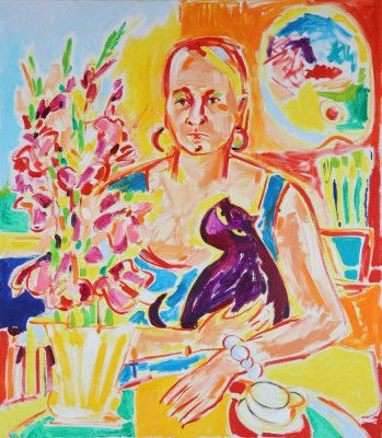 Self Portrait with a Violet Cat after Max Beckmann, oil on canvas, 2024