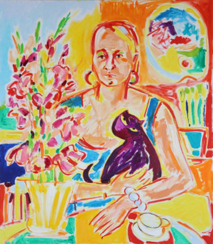 Self Portrait with a Violet Cat after Max Beckmann, oil on canvas, 2024