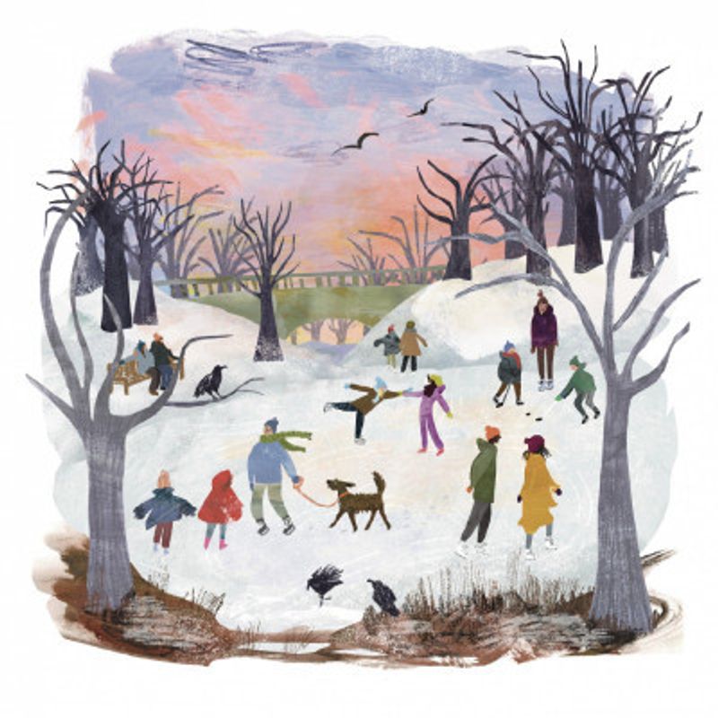 Skating at the Park, winter art, whimsical fun