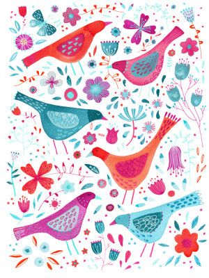 Birds In A Garden Of Flowers Teal Pink Orange