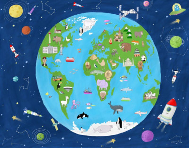 Illustrated Map of the World from Space by Artist Carla Daly