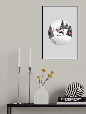 Winter Scenes: Holiday Dog In Snow With Red B Ow On Neck and Decorated Christmas Trees 1