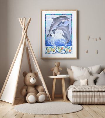 Two Playful Dolphins Above Ocean Waves