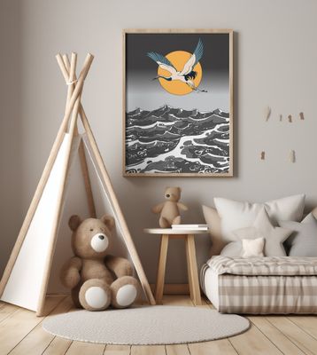 Crane Flying over Stylized Waves