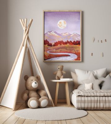 Full Moon Purple Orange Mountain and River Landscape