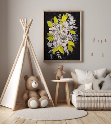 Expressive bouquet of flowers with black background gouache painting