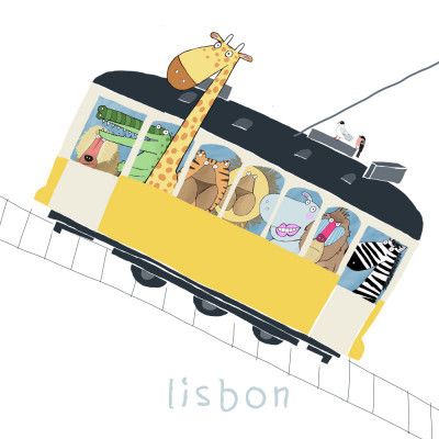 Famous Lisbon Yellow Tram with Jungle Animals by Carla Daly