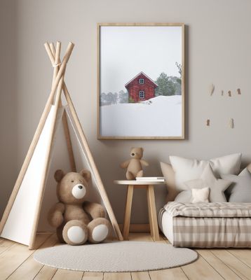 Old red house during snowstorm