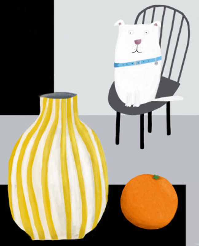 Funny White Dog with Yellow and White Stropped Vase by Carla Daly