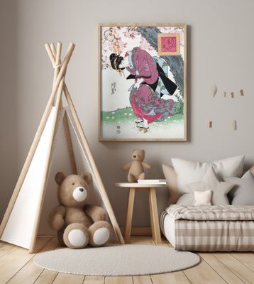 Japanese Woman and Cherry Blossom (1828) Vintage Woodblock Prints