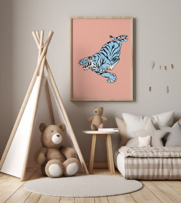 Blue Tiger Leaping Against A Soft Pink Background