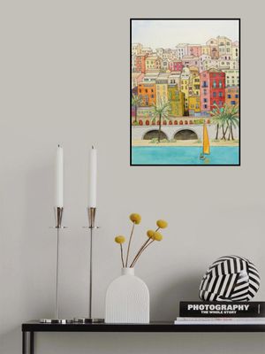 Mediterranean Coastal Town With Sailboat and Palm Trees