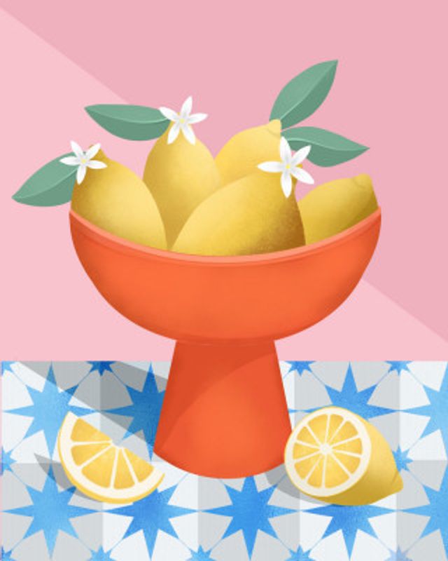 Lemons in a Red Pedestal Bowl