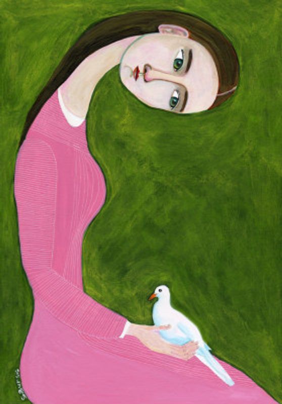 Girl with Dove sitting with pink dress