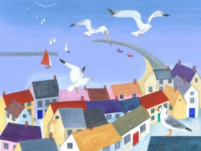 Seagulls Soaring Above Quaint Coastal Cottages