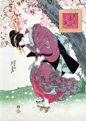Japanese Woman and Cherry Blossom (1828) Vintage Woodblock Prints