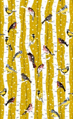Snowy birchwood with songbirds pattern