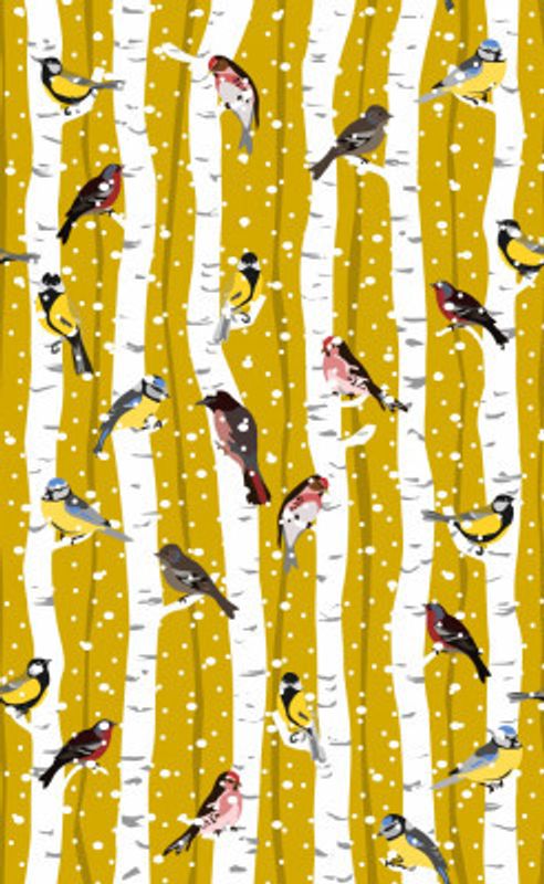 Snowy birchwood with songbirds pattern