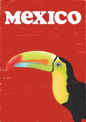 Mexico Toucan vintage Travel Poster Red