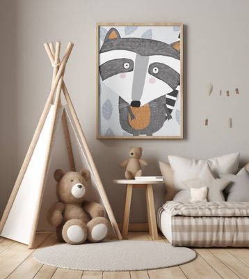 Cute Raccoon with Grey Leaf Pattern by Artist Carla Daly