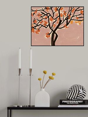 Stylized Tree With Vibrant Orange Blossoms Against