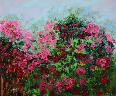 Lush Garden Of Pink And Red Roses