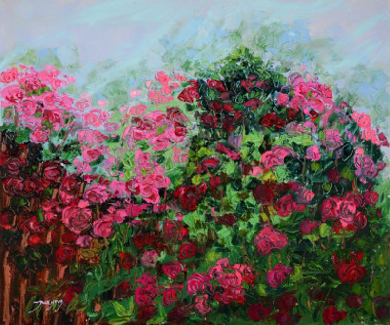 Lush Garden Of Pink And Red Roses