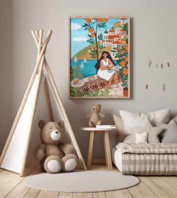 Travel poster woman in Mediterranean coast