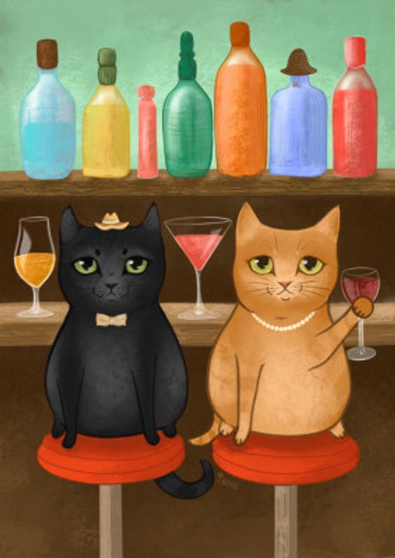 Cats Drinking at Mid Century Bar