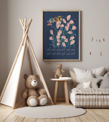 calendar 2025 Linocut flowers blue