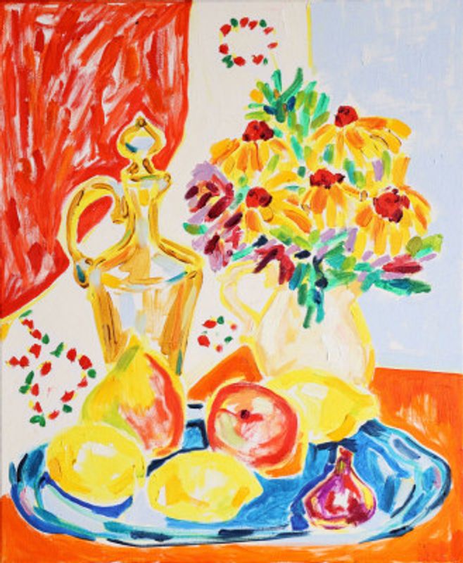 Still Life With Fruit And Rudbeckia Flowers, Tamara Jare, oil on canvas