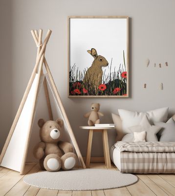 Rabbit Among Poppy Flowers