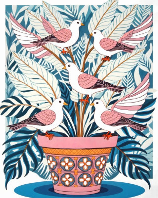 Five Doves in Bloom
