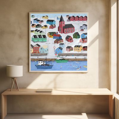 Snowy Town with fishing Boats by Artist Carla Daly