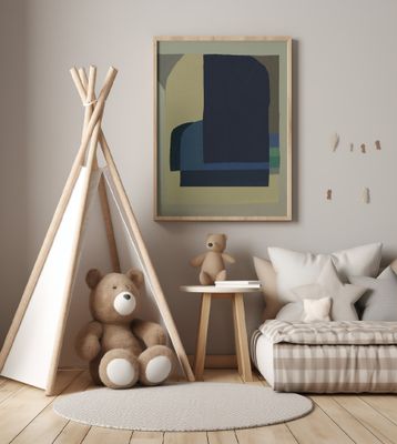 Muted tones of blue, green, and beige