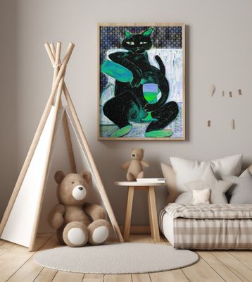 Big black cat drinking wine