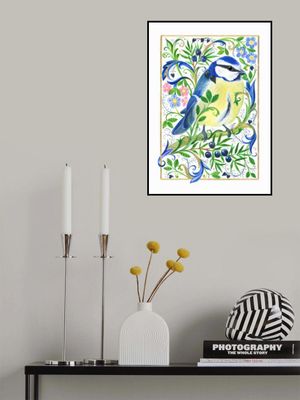 Colorful Bluetit Bird with Floral Pattern